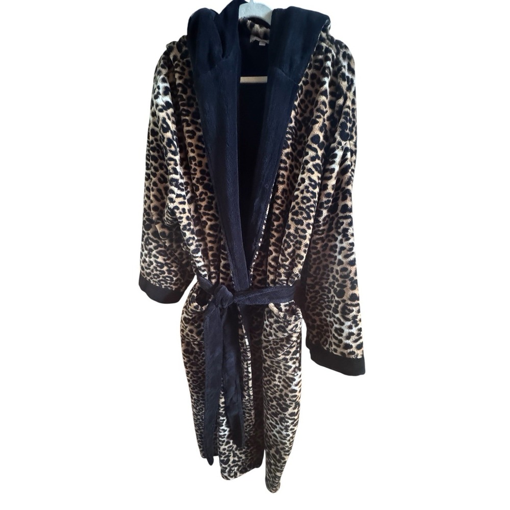 Alexander Del Rosa Leopard Print Plush Hooded Tie Bathrobe Women's Plus Size 3X
